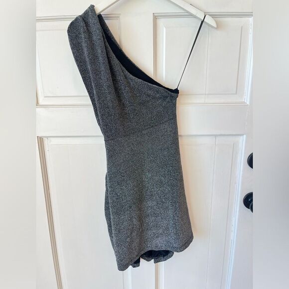 Nwt Free People Malia Shimmery Silver Black One Shoulder Mini Dress - Picture 4 of 6